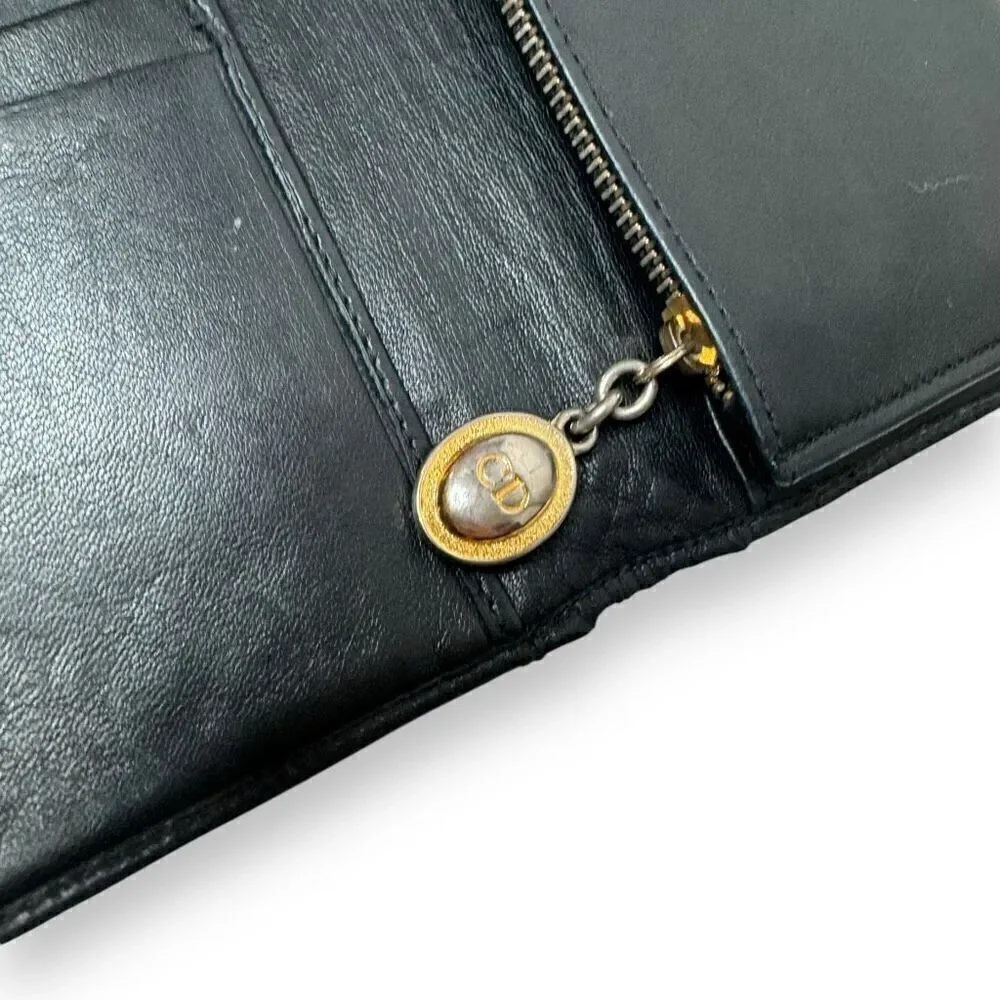 Vintage Christian Dior Lady Dior Black Leather Quilted Long Wallet 7.5 x 3.75